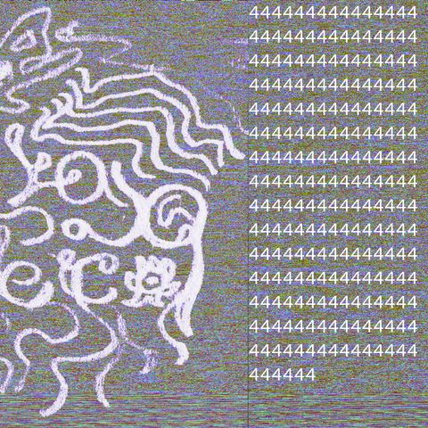 RGB noise with the album title (repeating 4s) written on the right hand column and half of an Amamanita Axaxaxanax Glass Seer logo on the left.